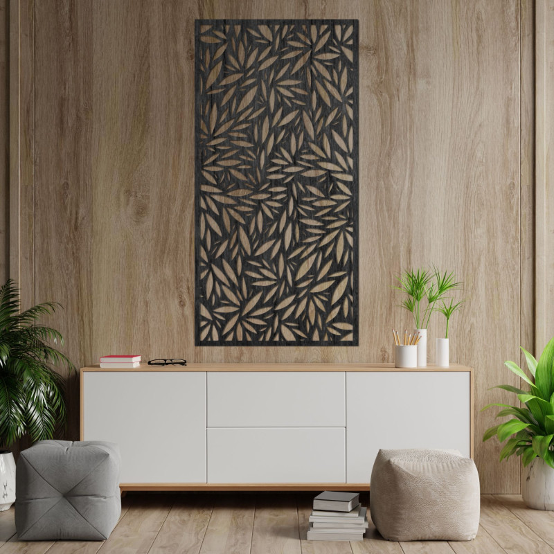 Egy művészi életfa, kör alakú kompozícióval, amely az egyensúlyt és a stabilitást fejezi ki.