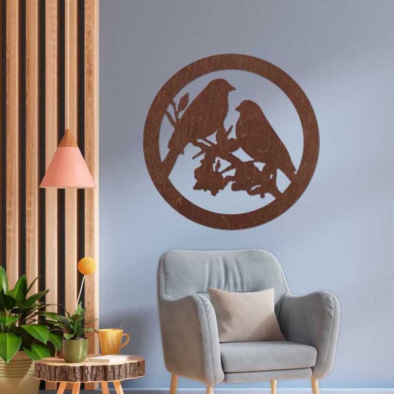 Fából készült falfestmény madarak egy ágon