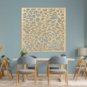 Lézer motívummal díszített, fából készült, virágzó virágot ábrázoló dizájnfal. 2