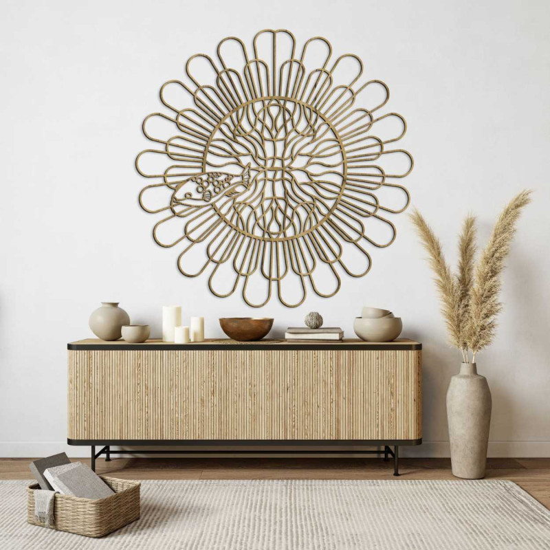 Nagyméretű faldekoráció összefonódó vonalakkal és természetes stílussal.