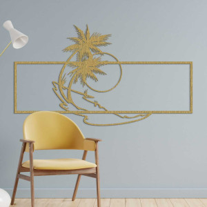 Trópusi táj két pálmafával és az óceán lágy vonalaival.