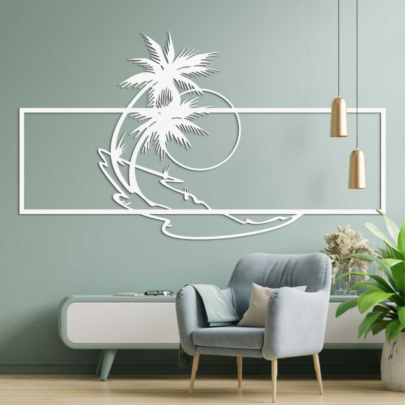 Fából faragott tengerparti motívum tiszta, geometrikus stílusban.