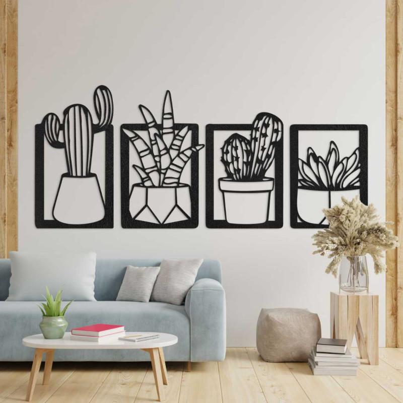 Designer fa festménykészlet kaktuszokkal geometrikus virágcserepekben