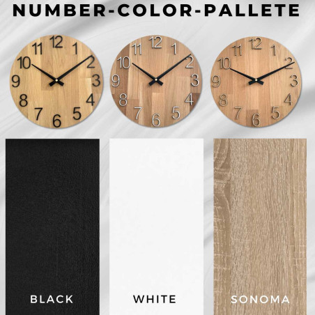 Kerek óra dekoratív kivágással a közepén és finom fa mintával.