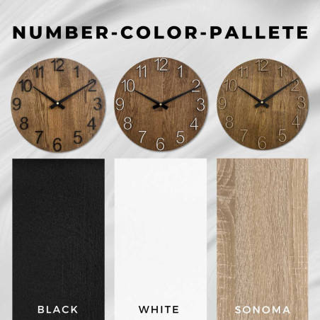 Kerek óra dekoratív kivágással a közepén és finom fa mintával.