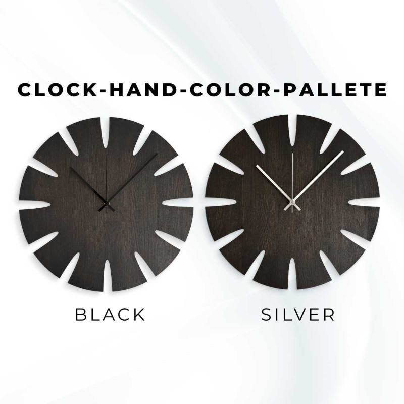 Nagyméretű, egyszerű számlappal ellátott faóra modern enteriőrbe tervezve.