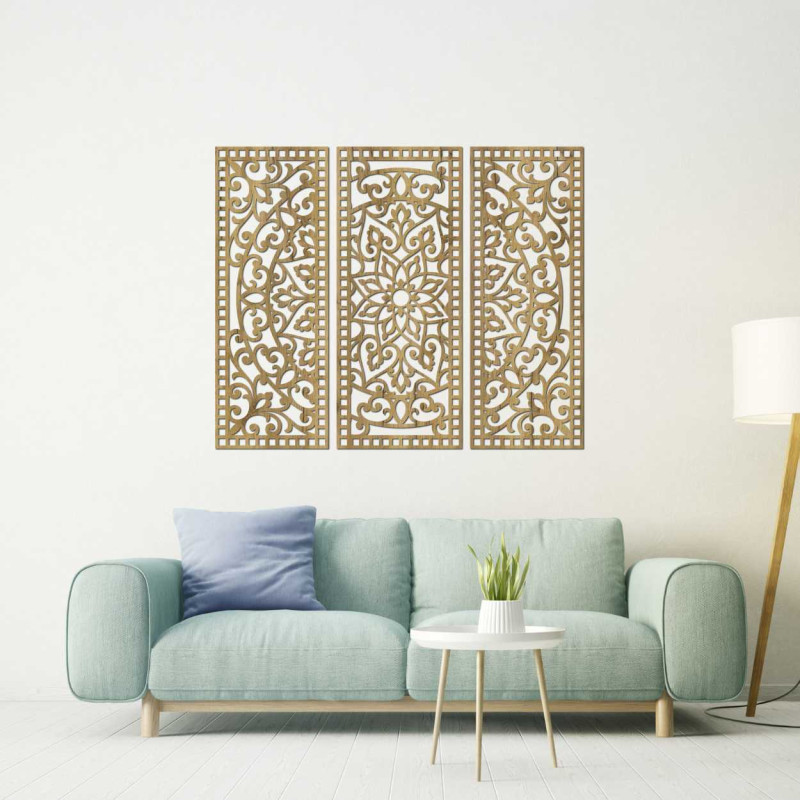 Virágos Mandala Fából – Bohém 3 Részes Faldekoráció