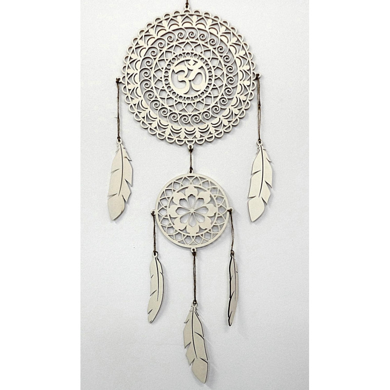 Spirituális álomfogó OM, fa fali dekoráció, nyárfa rétegelt lemezből készült tollak, bohém stílus.